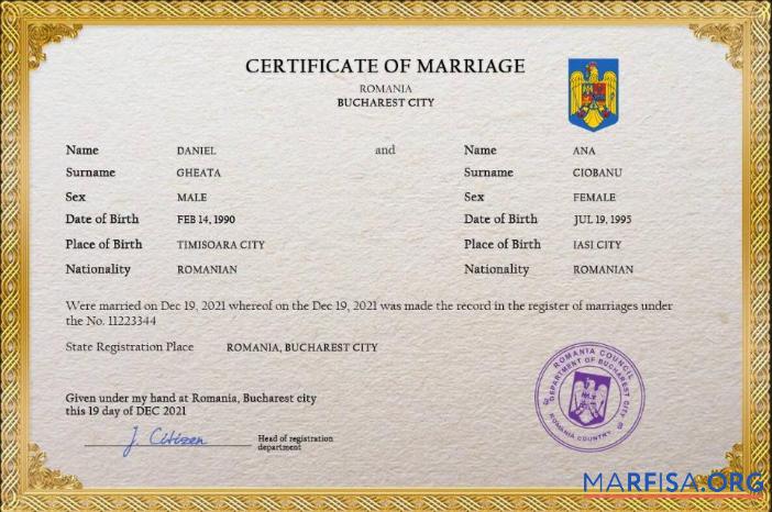 Blank Romania marriage certificate PSD template, fully editable